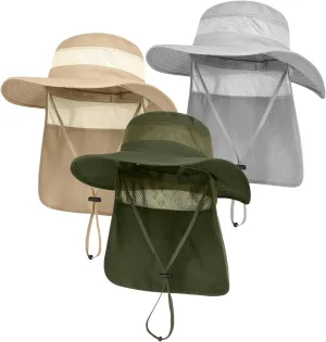 3 Pack Mens UPF 50  Wide Brim Sun Hat with Neck Flap for Fishing Hiking Garden