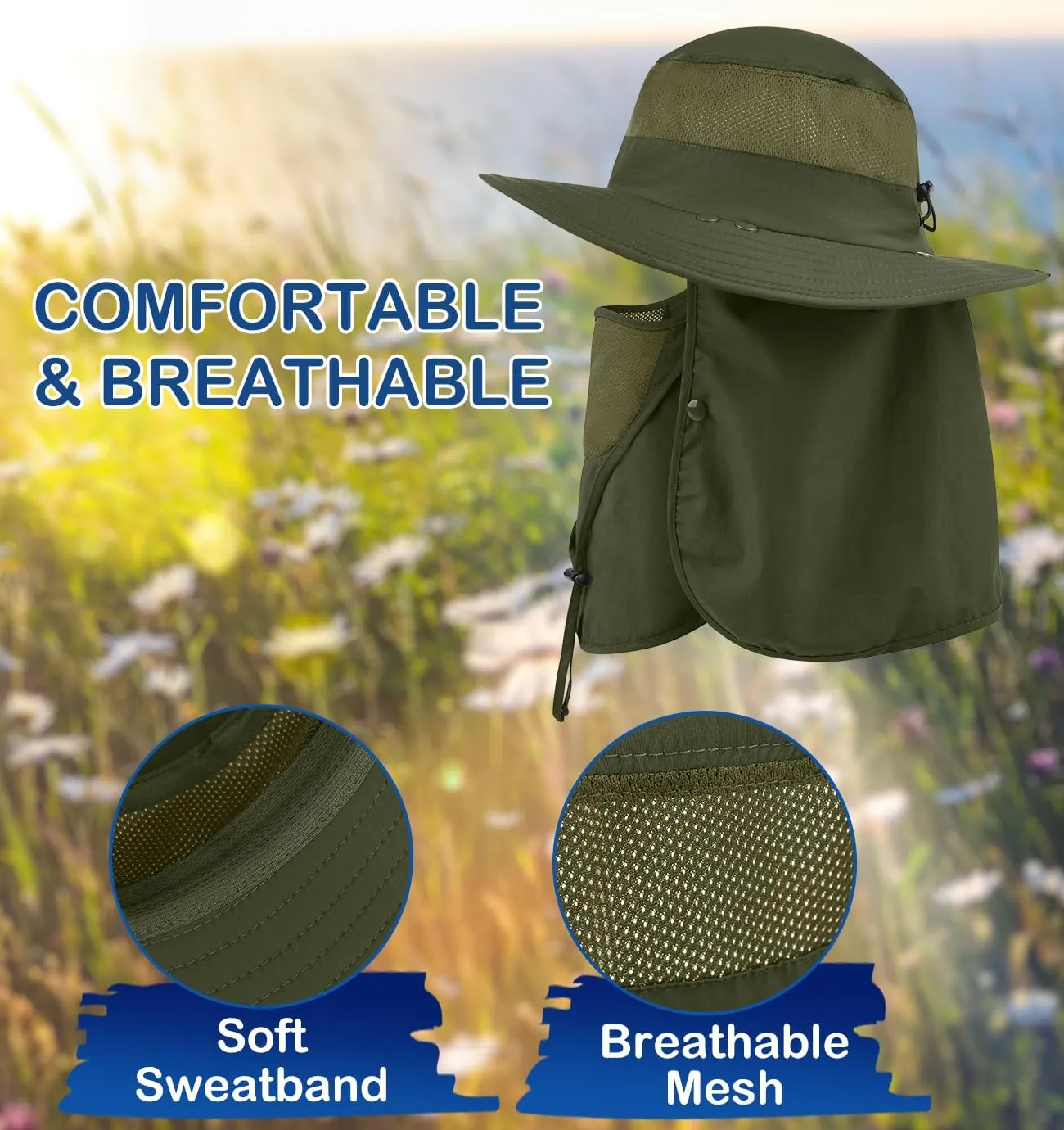 3 Pack Outdoor Sun Hat for Men/Women,UPF 50 Protection Fishing Hat with Face Neck Flap Full Cover for Hiking & Garden