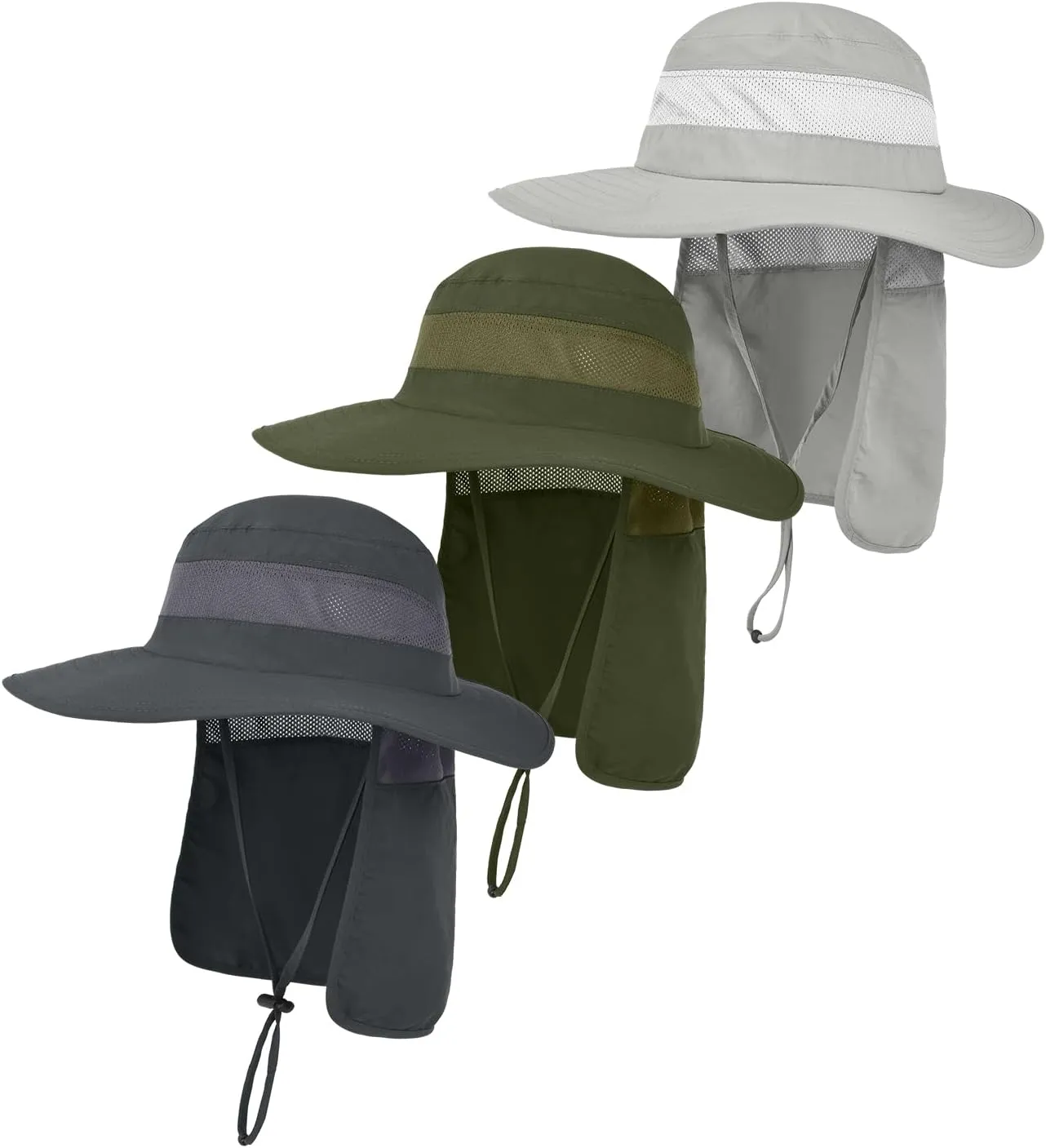 3 Pack Outdoor UPF50  Mesh Sun Hat for Men,Wide Brim Fishing Hat with Neck Flap for Hiking Garden