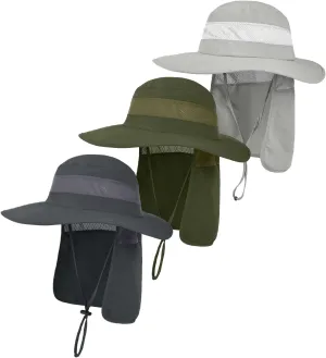3 Pack Outdoor UPF50  Mesh Sun Hat for Men,Wide Brim Fishing Hat with Neck Flap for Hiking Garden