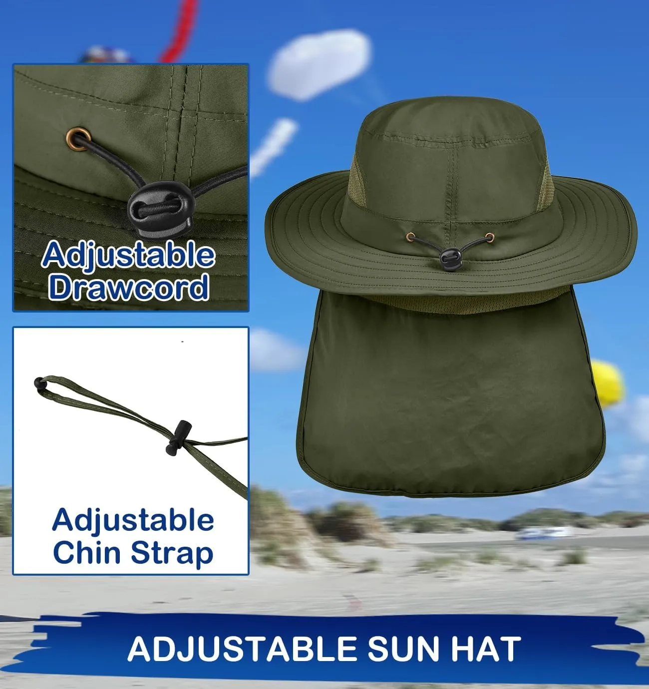 3 Pack Outdoor UPF50  Mesh Sun Hat for Men,Wide Brim Fishing Hat with Neck Flap for Hiking Garden