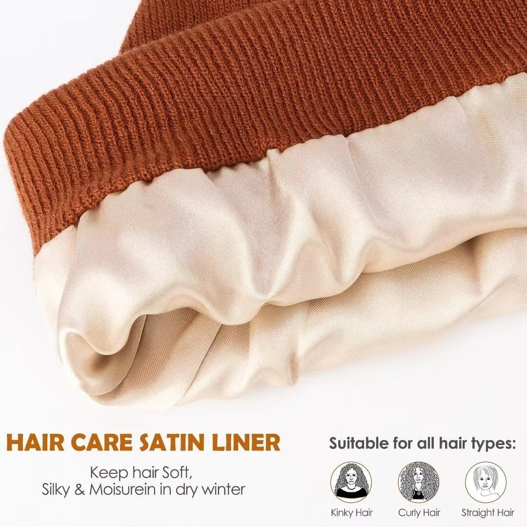 3 Pack Satin Lined Winter Beanie Hats for Women Men,Silk Lined Beanie Knit Soft Warm Cuffed Hat