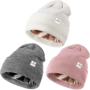 3 Pack Satin Lined Winter Beanie Hats for Women Men,Silk Lined Beanie Knit Soft Warm Cuffed Hat
