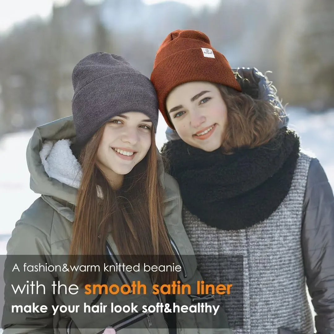 3 Pack Satin Lined Winter Beanie Hats for Women Men,Silk Lined Beanie Knit Soft Warm Cuffed Hat