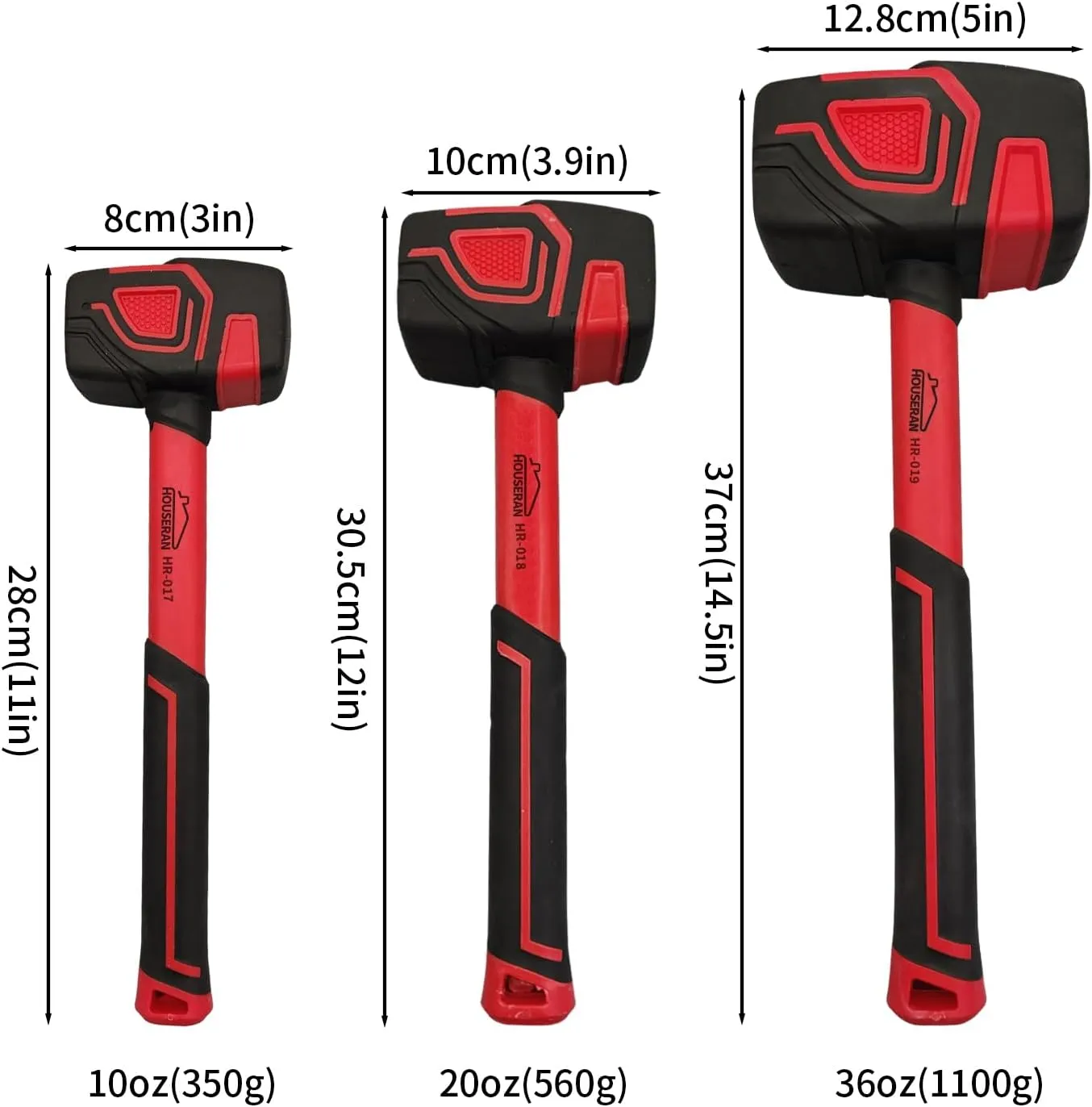 3-Piece Rubber Mallet Set - 10oz, 20oz & 36oz Heavy Duty Hammers with Soft Rubber Handles for Flooring & Soft Blow Tasks