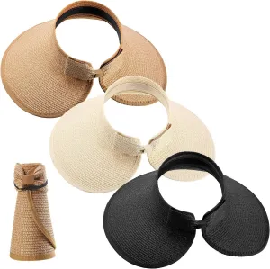 3 Pieces Women Foldable Straw Sun Visor Wide Brim Roll up Beach Hat with Bowtie Multicoloured