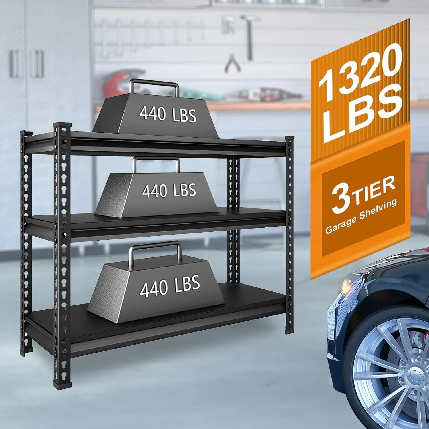 3-Tier Garage Shelving Heavy Duty,40”W x 18”D x 36”H Metal Shelving Unit，1320 lbs Weight Capacity Adjustable Storage Shelves for Retiple Tanks, Aquariums, Pantry, Garage，Black