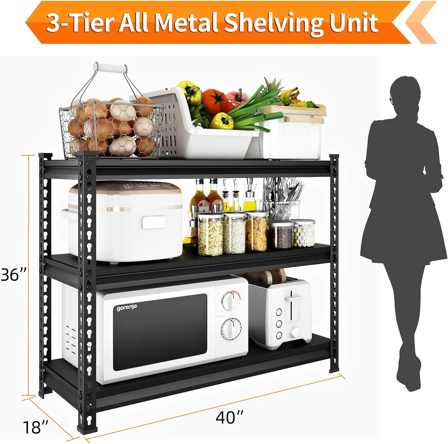 3-Tier Garage Shelving Heavy Duty,40”W x 18”D x 36”H Metal Shelving Unit，1320 lbs Weight Capacity Adjustable Storage Shelves for Retiple Tanks, Aquariums, Pantry, Garage，Black