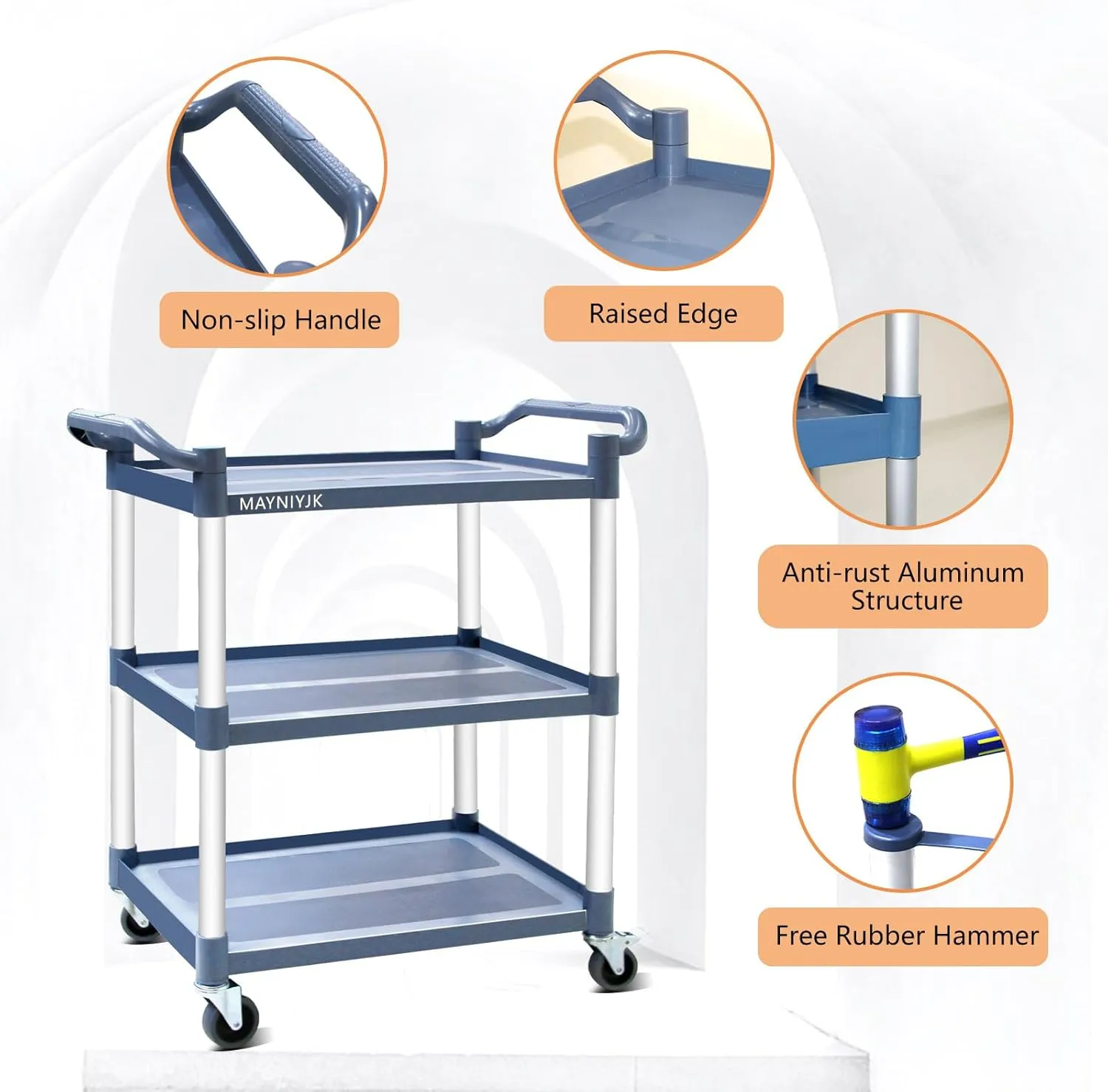 3-Tier Utility Cart With Wheels, Heavy Duty Rolling Restaurant Cart 420lbs, Plastic Bus Cart With Lockable Wheels and Rubber Hammer for Warehouse/Office/Kitchen, Grey