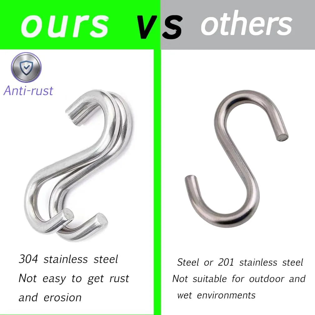 304 Stainless Steel S Hooks Heavy Duty,Outdoor Rust-Free Strong Industrial Grade Quality Utility Hooks 3.2 Inch /16 Pack