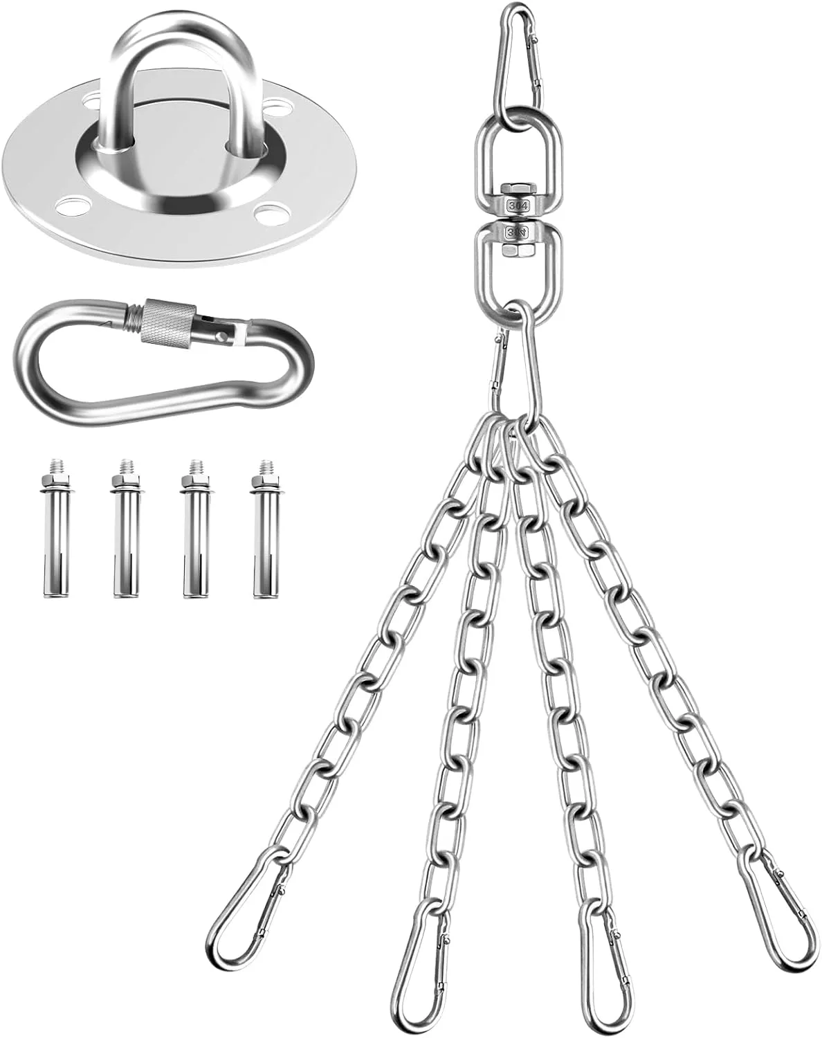 360 Rotation Heavy Bag Chain, Punching Bag Hanger With Stainless Steel Swivel Chain and 4 Snap Hooks, Mount for Hammock, Gym Swing, Yoga Swing, Trapeze