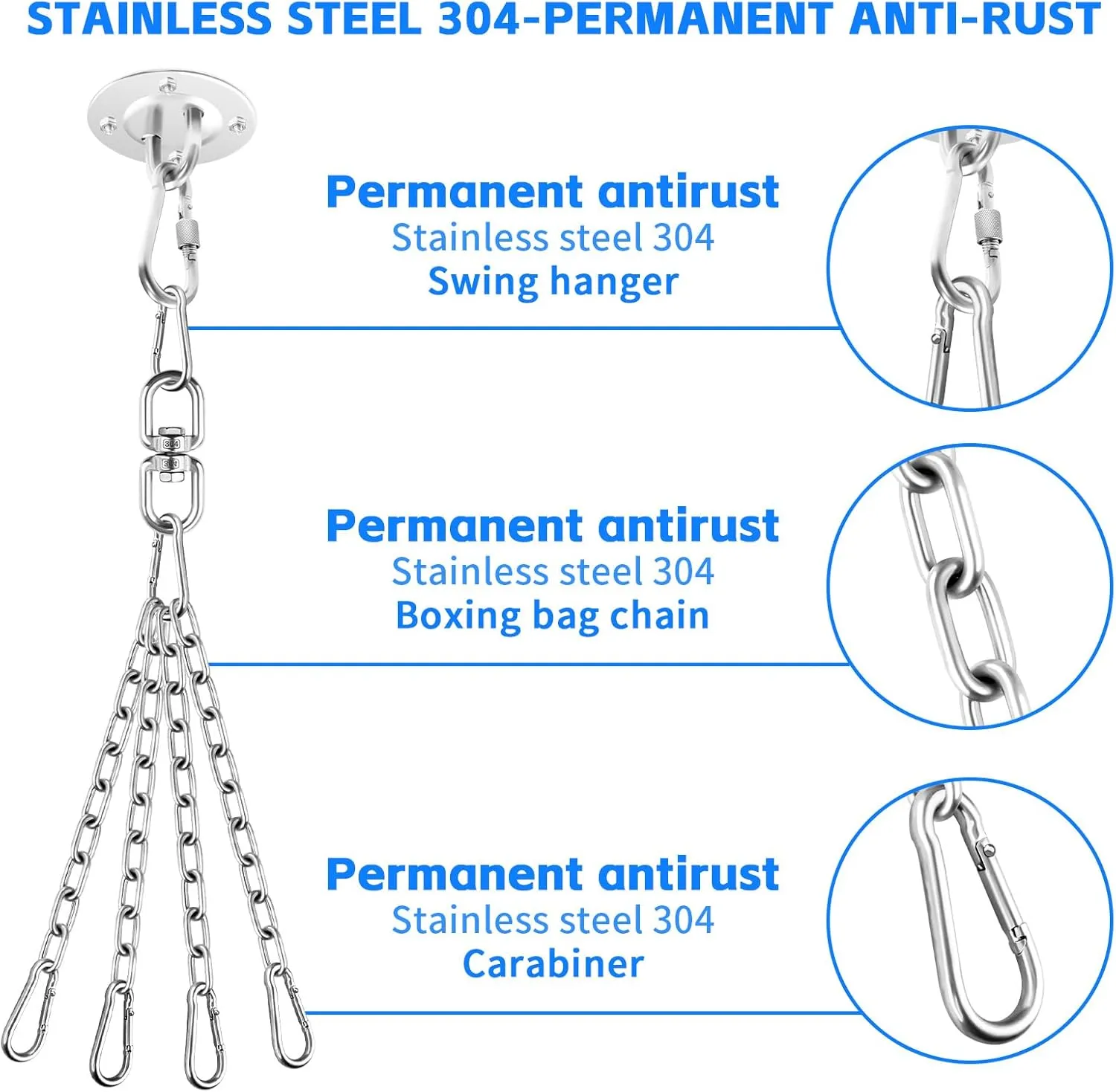 360 Rotation Heavy Bag Chain, Punching Bag Hanger With Stainless Steel Swivel Chain and 4 Snap Hooks, Mount for Hammock, Gym Swing, Yoga Swing, Trapeze