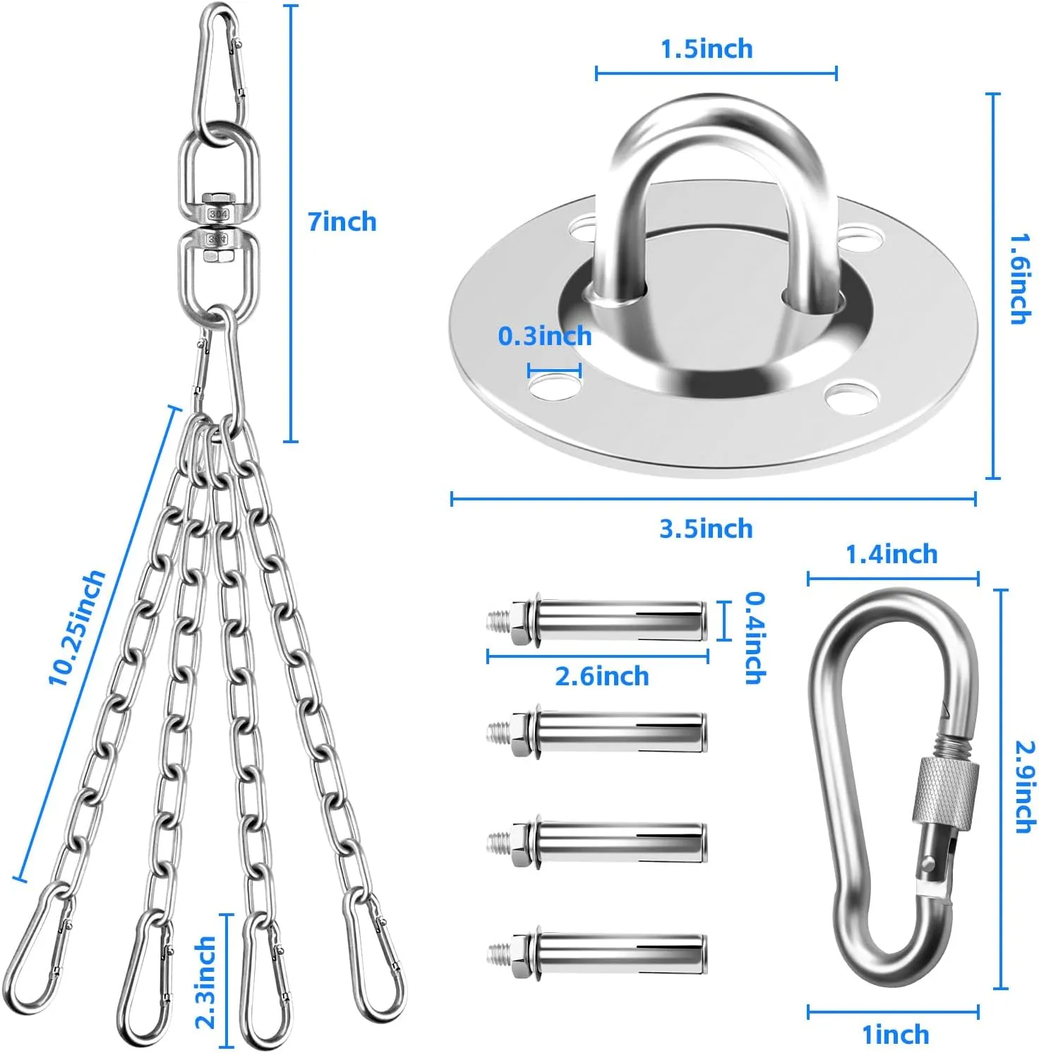 360 Rotation Heavy Bag Chain, Punching Bag Hanger With Stainless Steel Swivel Chain and 4 Snap Hooks, Mount for Hammock, Gym Swing, Yoga Swing, Trapeze