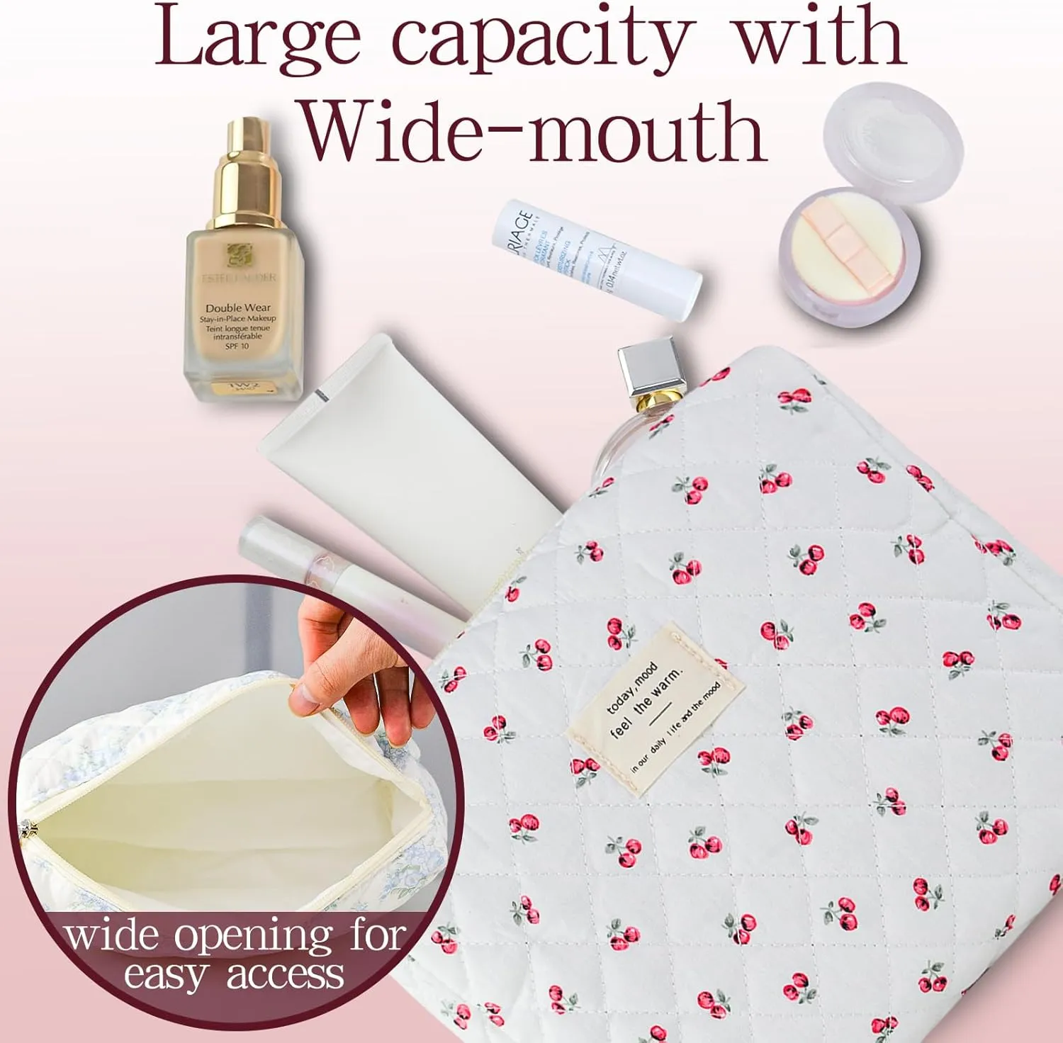 3Pcs Quilted Makeup Bag for Women, Large Travel Makeup Bag Set, Cute Aesthetic Cosmetic Bags, Floral Cotton Makeup Pouch Coquette Toiletry Organizer Bag