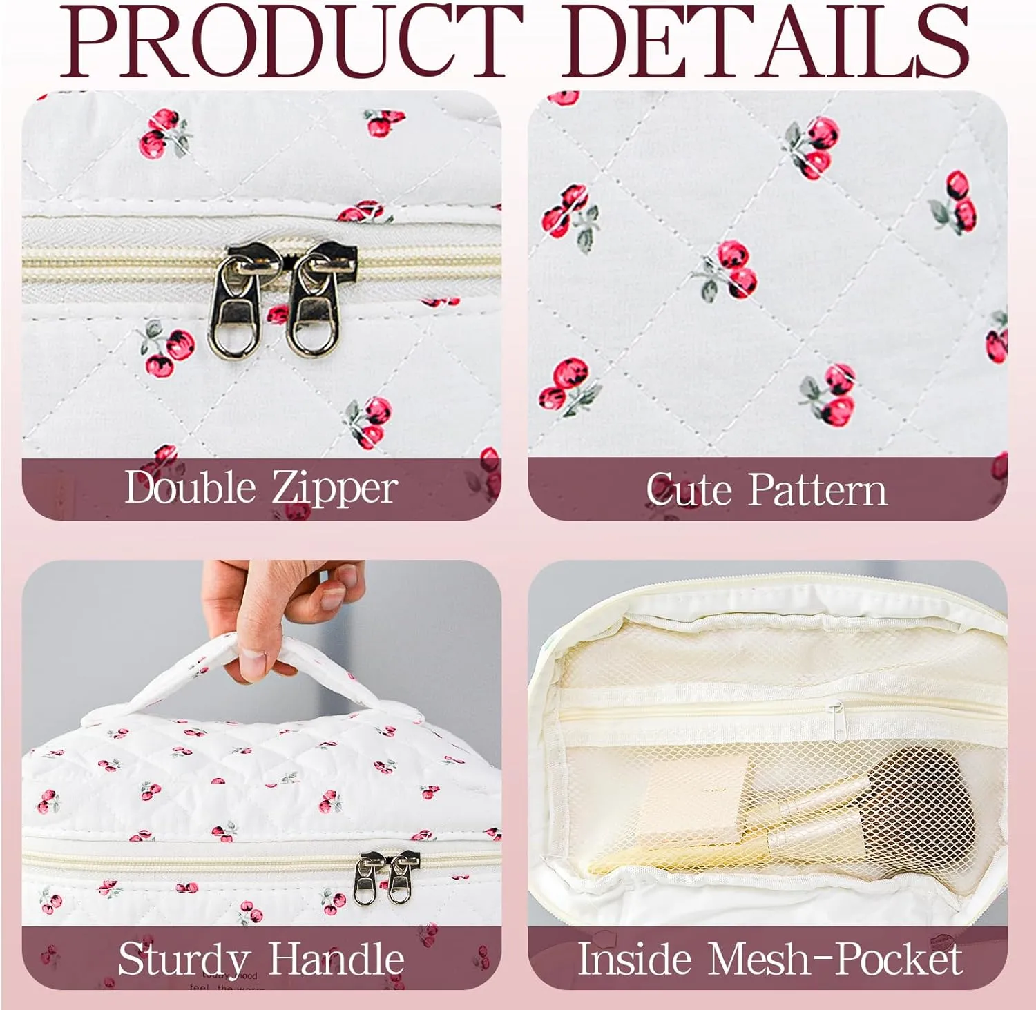 3Pcs Quilted Makeup Bag for Women, Large Travel Makeup Bag Set, Cute Aesthetic Cosmetic Bags, Floral Cotton Makeup Pouch Coquette Toiletry Organizer Bag
