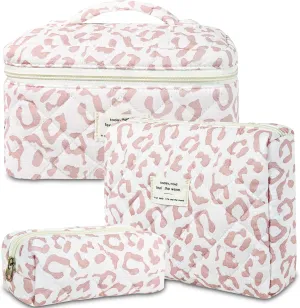 3Pcs Quilted Makeup Bag for Women, Large Travel Makeup Bag Set, Cute Aesthetic Cosmetic Bags, Floral Cotton Makeup Pouch Coquette Toiletry Organizer Bag