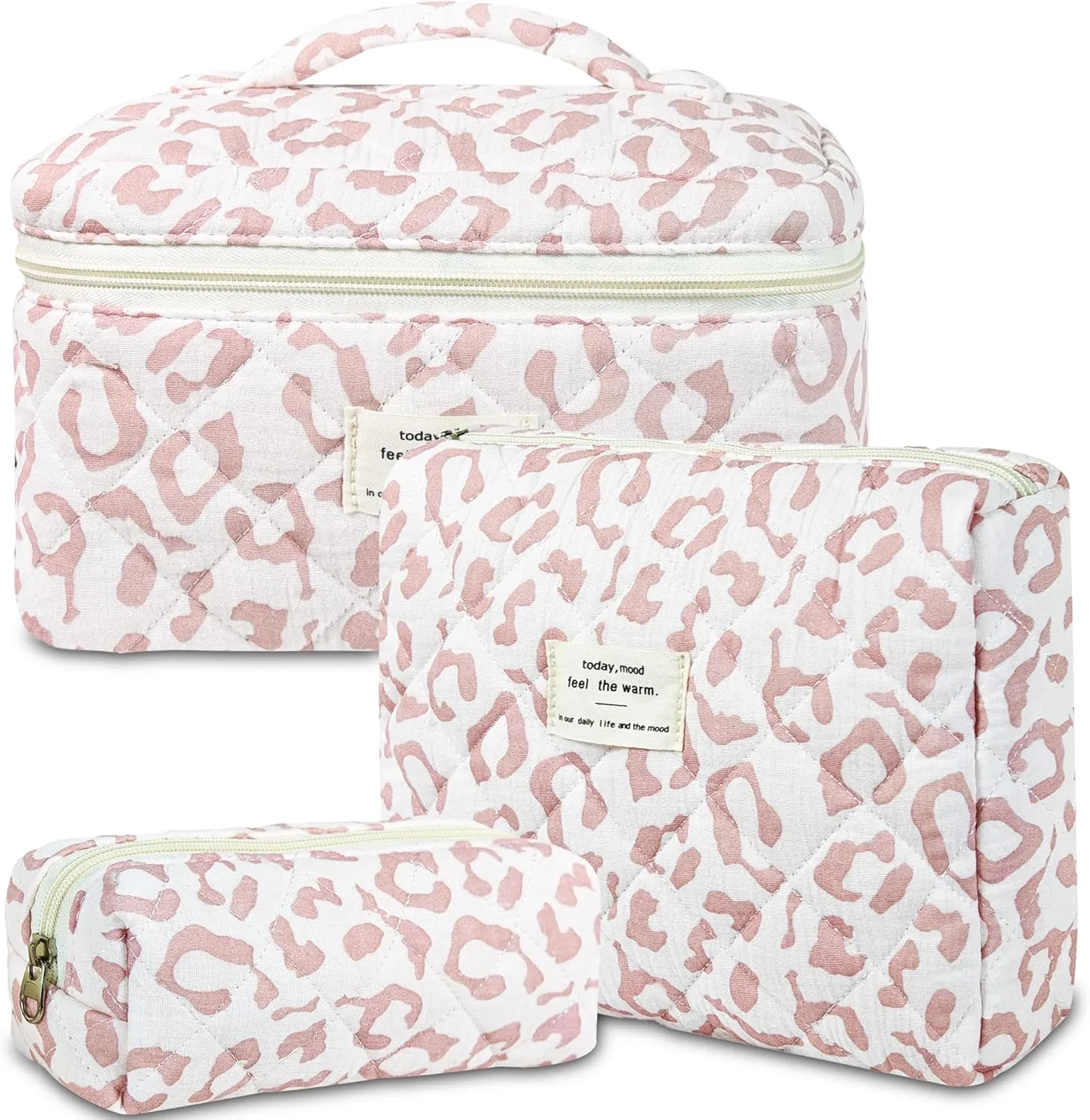3Pcs Quilted Makeup Bag for Women, Large Travel Makeup Bag Set, Cute Aesthetic Cosmetic Bags, Floral Cotton Makeup Pouch Coquette Toiletry Organizer Bag
