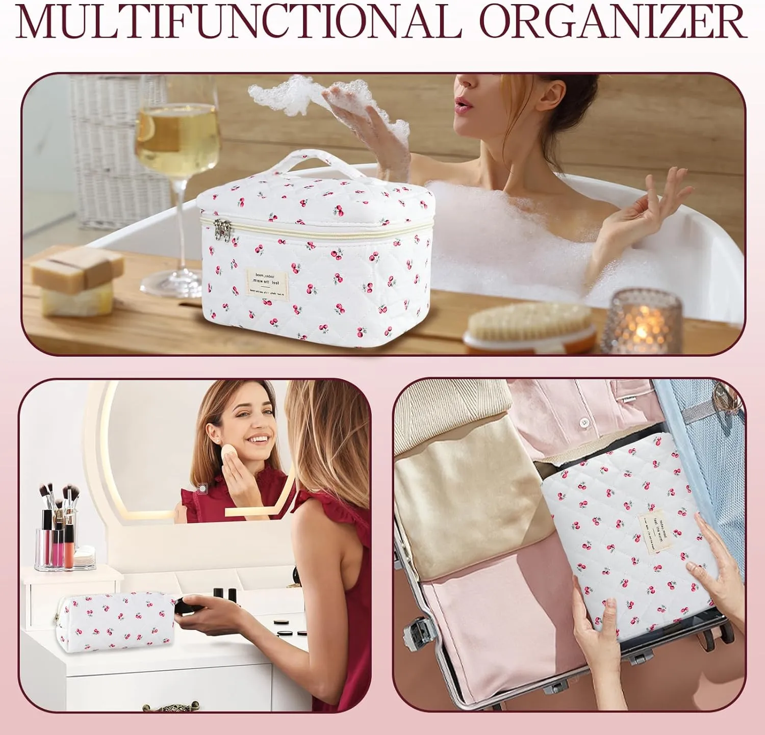 3Pcs Quilted Makeup Bag for Women, Large Travel Makeup Bag Set, Cute Aesthetic Cosmetic Bags, Floral Cotton Makeup Pouch Coquette Toiletry Organizer Bag