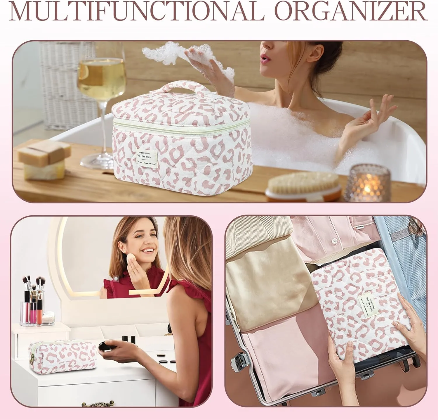 3Pcs Quilted Makeup Bag for Women, Large Travel Makeup Bag Set, Cute Aesthetic Cosmetic Bags, Floral Cotton Makeup Pouch Coquette Toiletry Organizer Bag