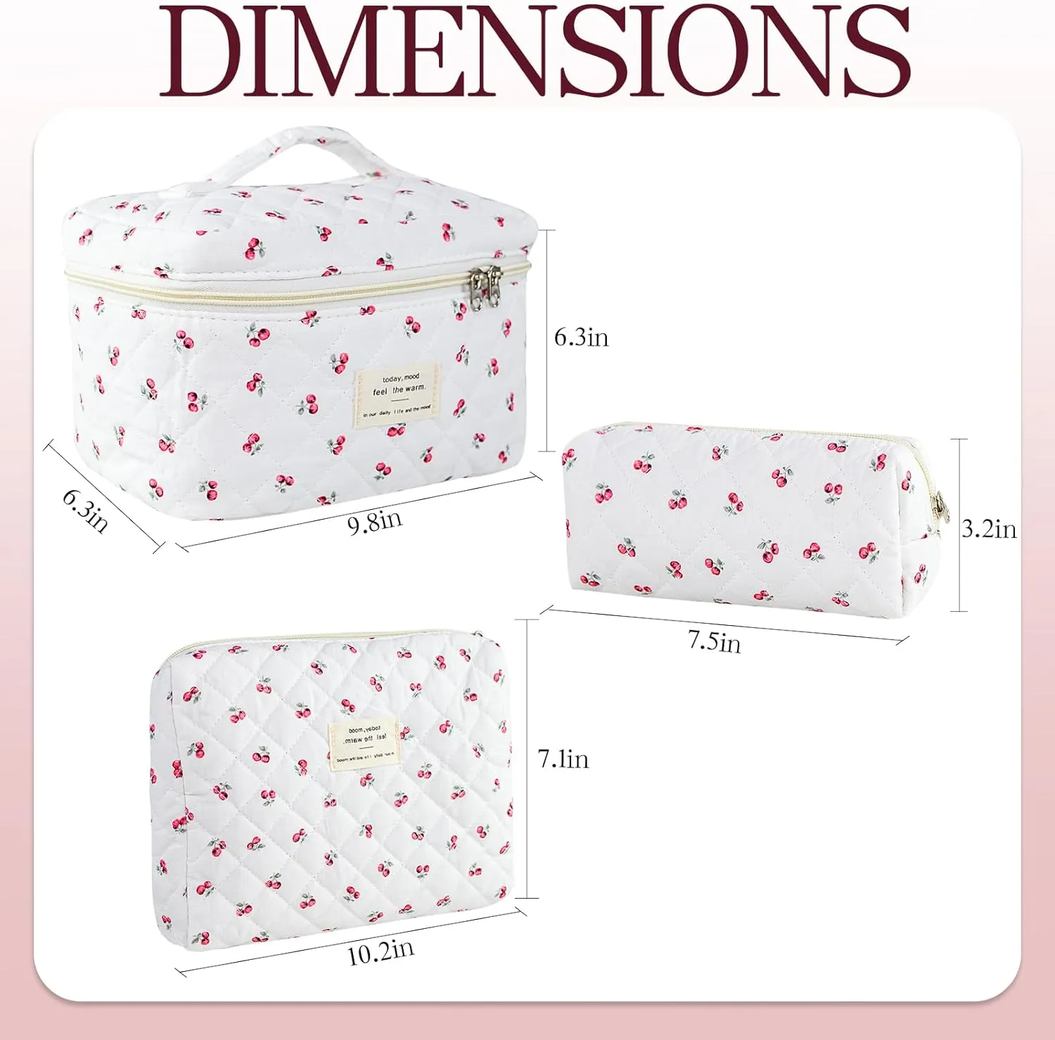 3Pcs Quilted Makeup Bag for Women, Large Travel Makeup Bag Set, Cute Aesthetic Cosmetic Bags, Floral Cotton Makeup Pouch Coquette Toiletry Organizer Bag