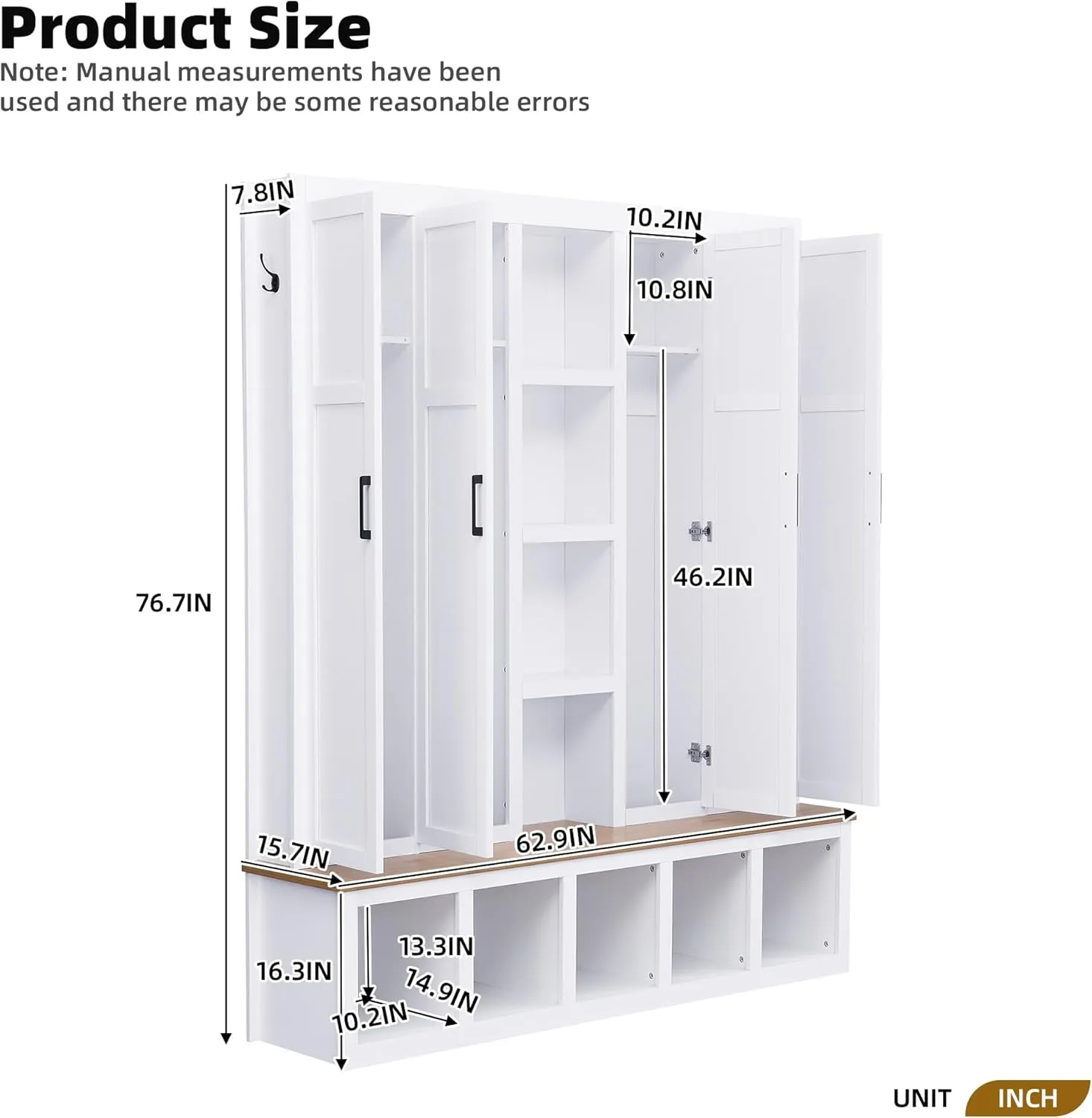 4-in-1 Hall Tree with 6 Hanging Hooks,62.9" W Mudroom Wood Grain Bench with Open Compartments,Shoe Cabinet with Seating for Living Room Hallway Entryway (White#Bench)