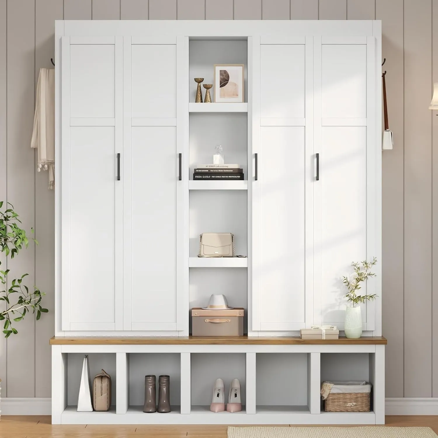 4-in-1 Hall Tree with 6 Hanging Hooks,62.9" W Mudroom Wood Grain Bench with Open Compartments,Shoe Cabinet with Seating for Living Room Hallway Entryway (White#Bench)