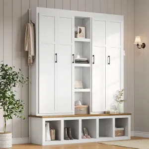 4-in-1 Hall Tree with 6 Hanging Hooks,62.9" W Mudroom Wood Grain Bench with Open Compartments,Shoe Cabinet with Seating for Living Room Hallway Entryway (White#Bench)