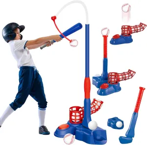 4 in 1 T Ball Golf Set for Kids, Baseball Pitching Machine Game Set with Hanging Tee/Standing Tee/Automatic Launcher/Golf & 6 Softballs, Indoor Outdoor Sport Toy Gift for 3-9 Year Old Boy Girl