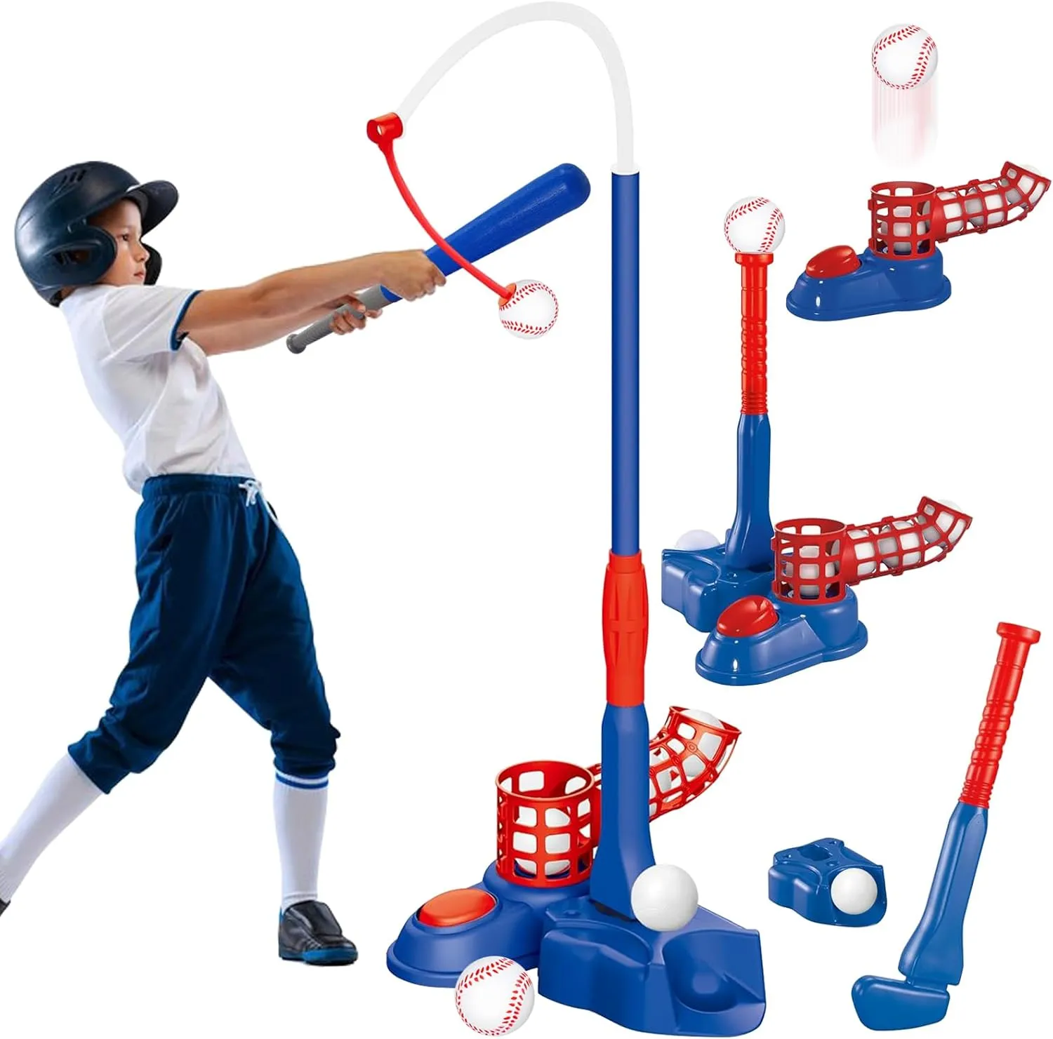 4 in 1 T Ball Golf Set for Kids, Baseball Pitching Machine Game Set with Hanging Tee/Standing Tee/Automatic Launcher/Golf & 6 Softballs, Indoor Outdoor Sport Toy Gift for 3-9 Year Old Boy Girl