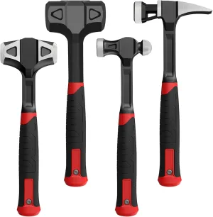 4-Piece Hammer Set - 2LB Dead Blow, 24oz Ball Peen, 20oz Claw, 3LB Sledge Hammer - One-Piece Carbon Steel Forging, Ergonomic Anti-Slip Rubber Grips for Garages，Repair Shops，and DIY