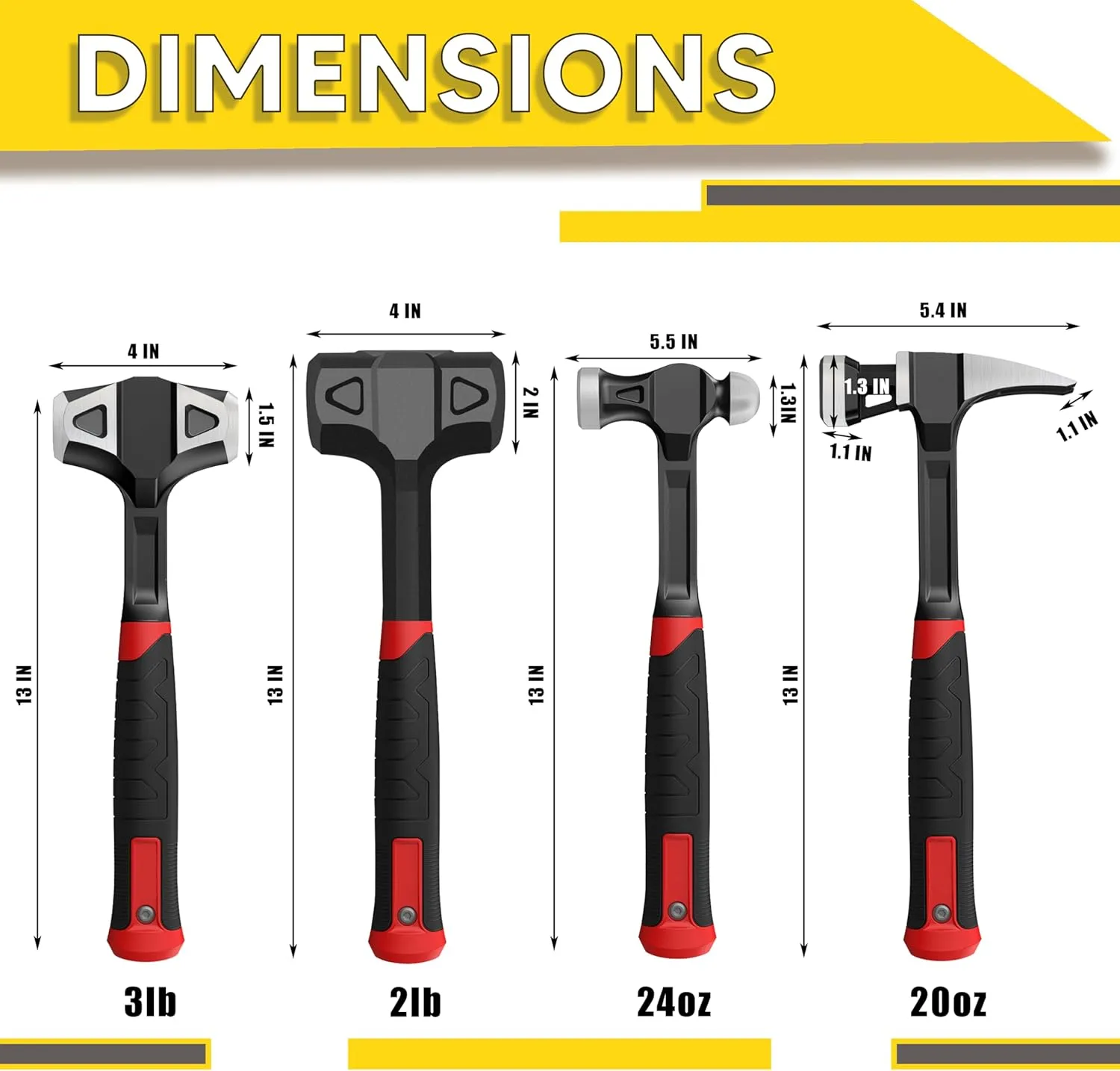 4-Piece Hammer Set - 2LB Dead Blow, 24oz Ball Peen, 20oz Claw, 3LB Sledge Hammer - One-Piece Carbon Steel Forging, Ergonomic Anti-Slip Rubber Grips for Garages，Repair Shops，and DIY