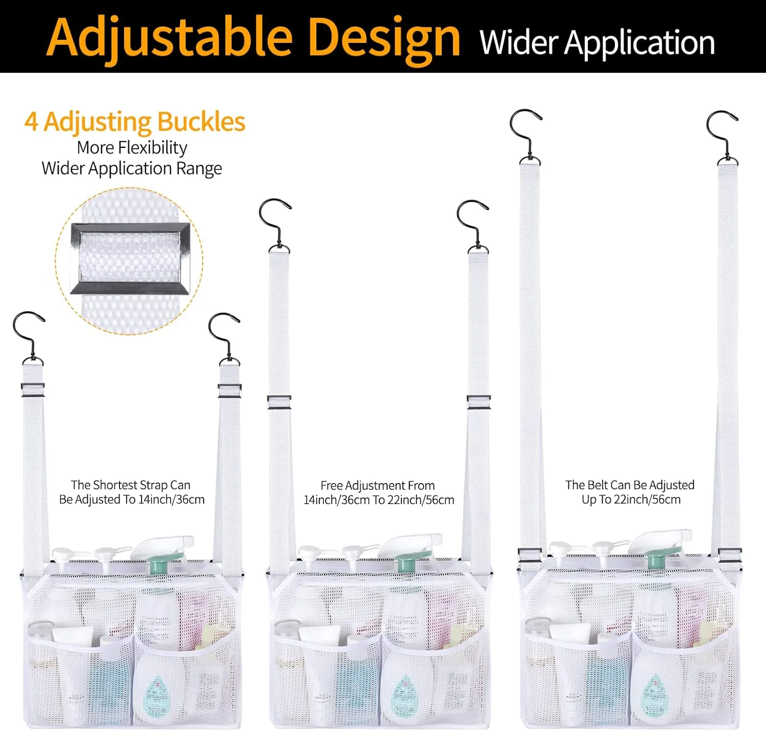 4 Storage Pockets Adjustable Hanging Mesh Bathroom Bag, Shower Caddy College with Hooks, Applied to College Dorm Rooms, Gym, Swimming and RV Travel (White)