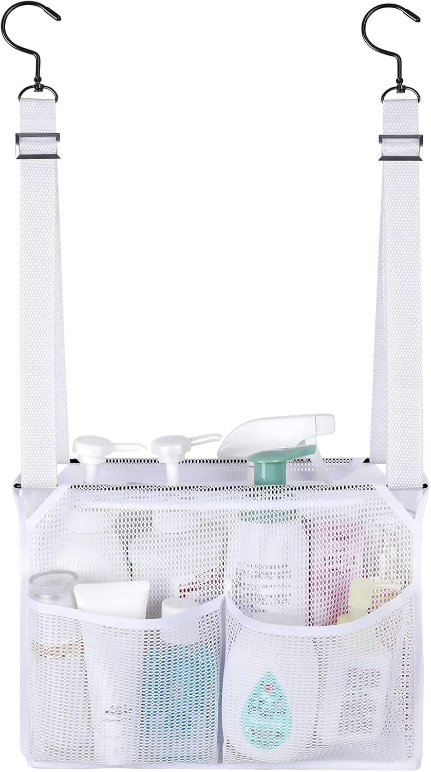 4 Storage Pockets Adjustable Hanging Mesh Bathroom Bag, Shower Caddy College with Hooks, Applied to College Dorm Rooms, Gym, Swimming and RV Travel (White)