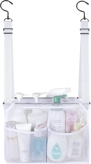 4 Storage Pockets Adjustable Hanging Mesh Bathroom Bag, Shower Caddy College with Hooks, Applied to College Dorm Rooms, Gym, Swimming and RV Travel (White)