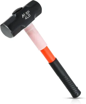 4lb Sledge Hammer, 4 Pound Drilling/Crack Hammer with Forged Steel Construction & Fiberglass Handle Shock-Resistant for Striking, Engineering Hammer for Farm Gardening Land Management Yard Work