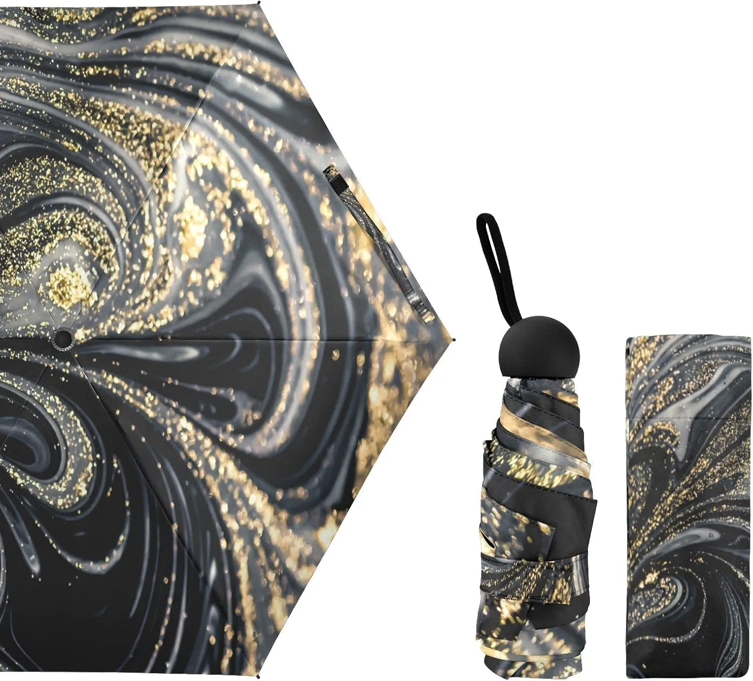 5 Folding Compact Pocket Windproof Umbrella, 6 Ribs Ultra-Light Foldable Vinyl Parasol, Mini Anti-UV Travel Umbrella