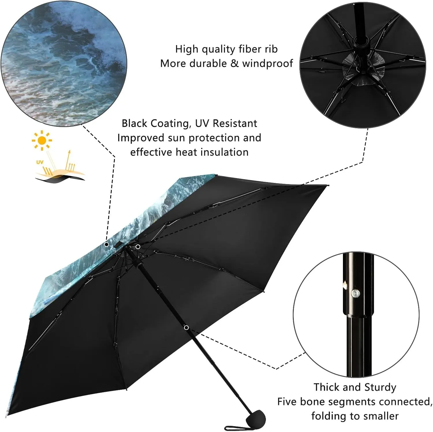 5 Folding Compact Pocket Windproof Umbrella, 6 Ribs Ultra-Light Foldable Vinyl Parasol, Mini Anti-UV Travel Umbrella