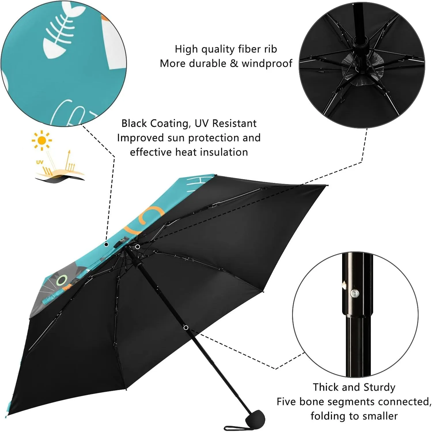 5 Folding Compact Pocket Windproof Umbrella, 6 Ribs Ultra-Light Foldable Vinyl Parasol, Mini Anti-UV Travel Umbrella