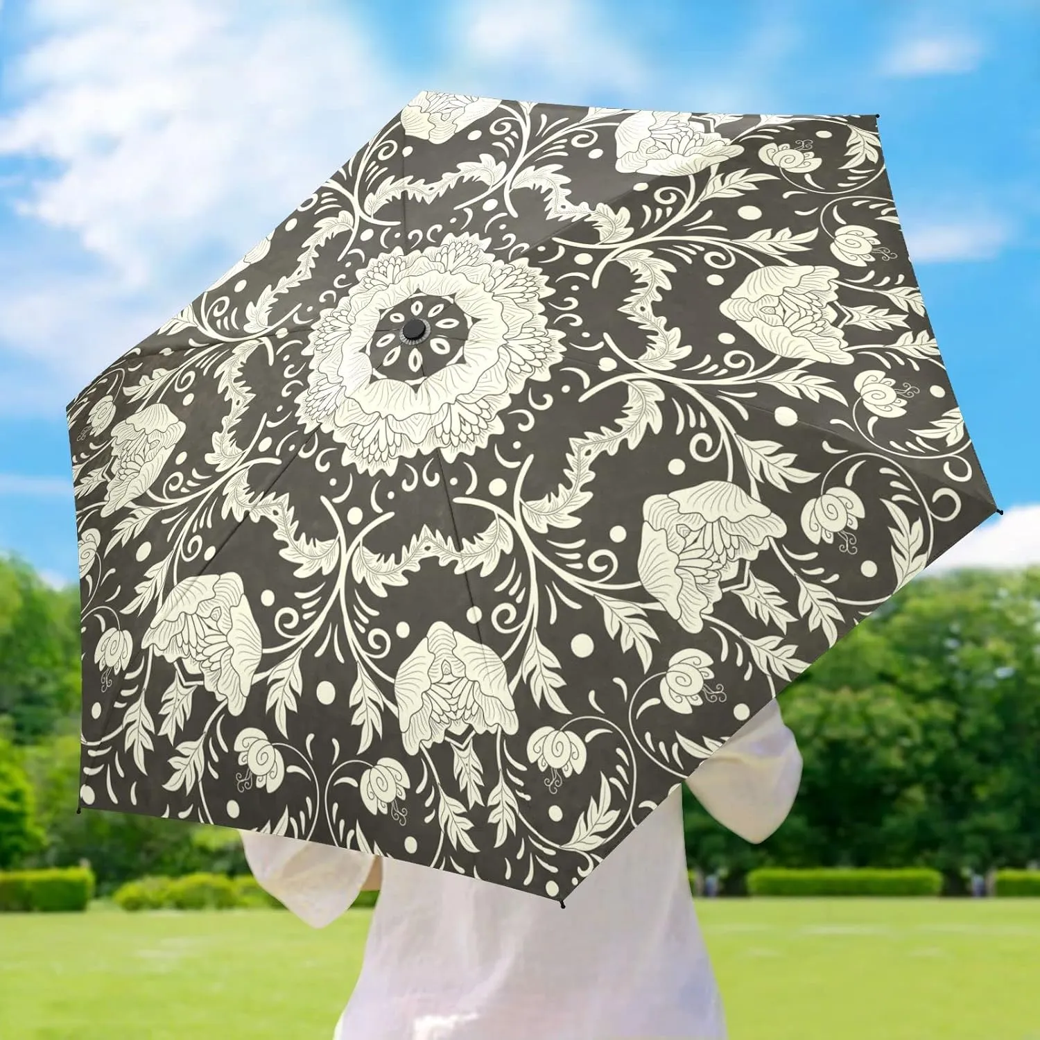 5 Folding Compact Pocket Windproof Umbrella, 6 Ribs Ultra-Light Foldable Vinyl Parasol, Mini Anti-UV Travel Umbrella