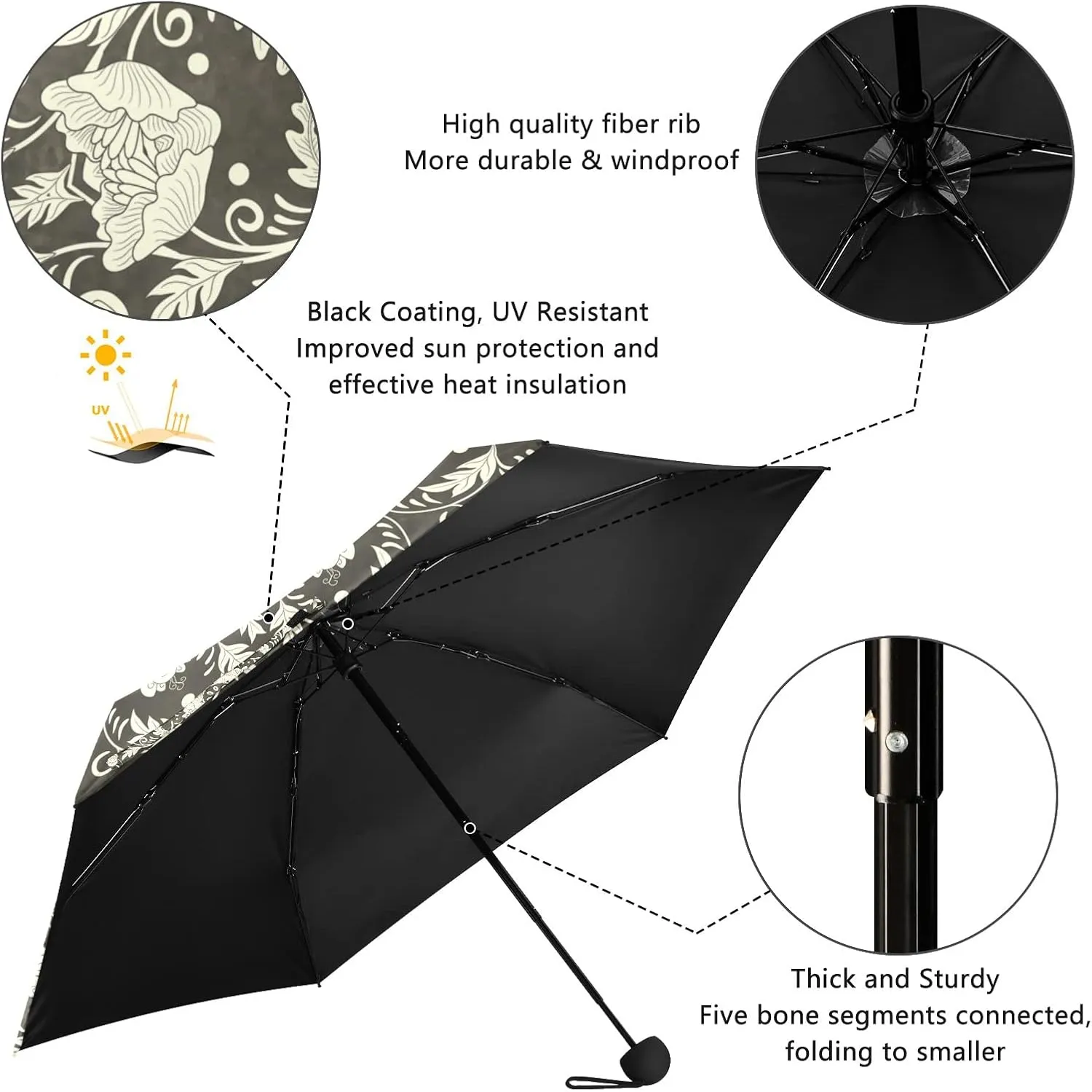 5 Folding Compact Pocket Windproof Umbrella, 6 Ribs Ultra-Light Foldable Vinyl Parasol, Mini Anti-UV Travel Umbrella
