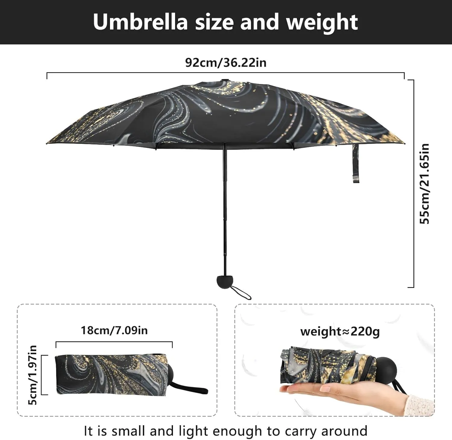 5 Folding Compact Pocket Windproof Umbrella, 6 Ribs Ultra-Light Foldable Vinyl Parasol, Mini Anti-UV Travel Umbrella