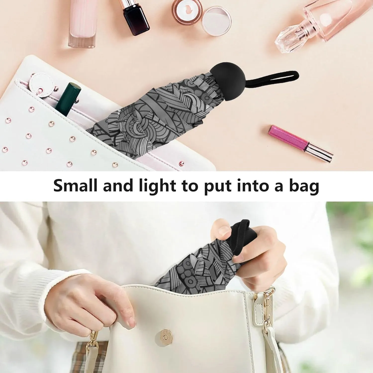 5 Folding Compact Pocket Windproof Umbrella, 6 Ribs Ultra-Light Foldable Vinyl Parasol, Mini Anti-UV Travel Umbrella