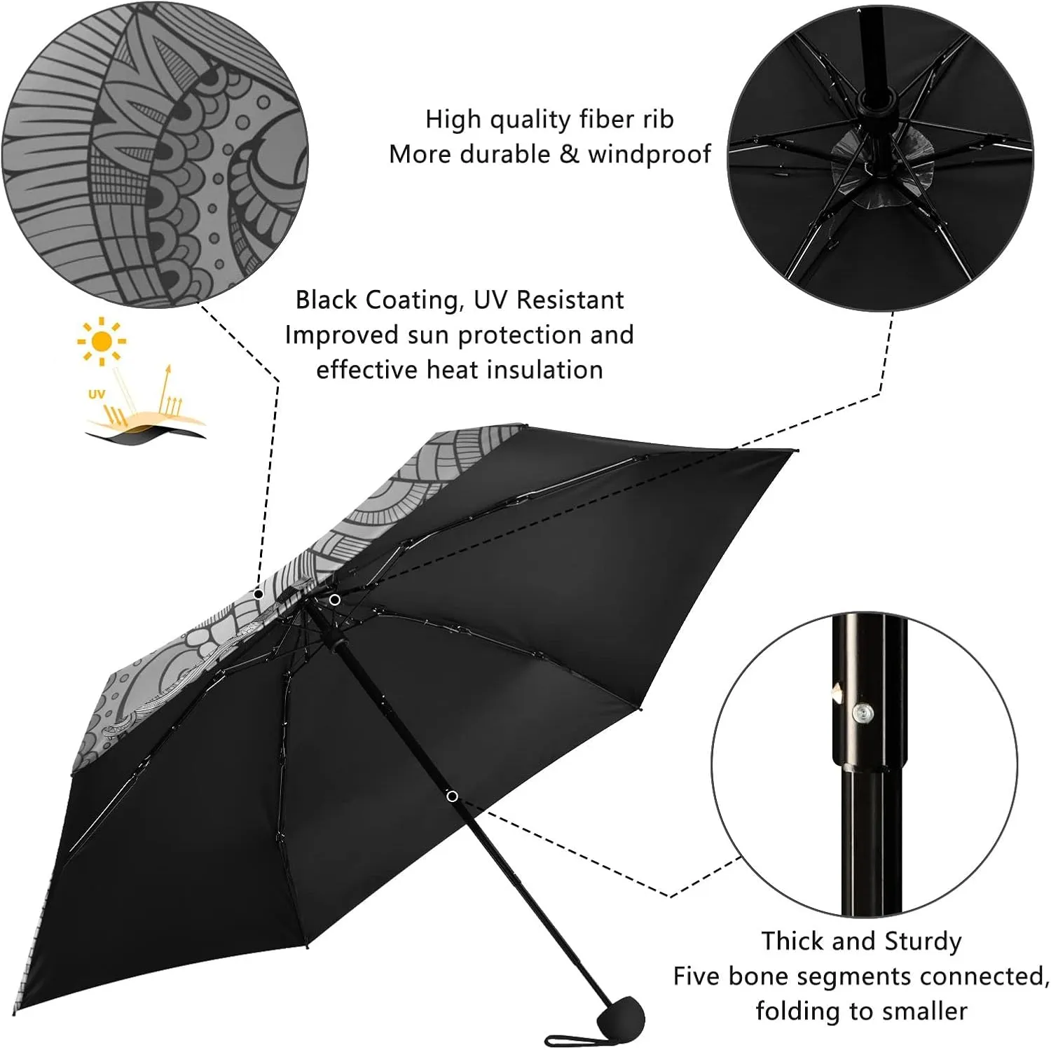 5 Folding Compact Pocket Windproof Umbrella, 6 Ribs Ultra-Light Foldable Vinyl Parasol, Mini Anti-UV Travel Umbrella