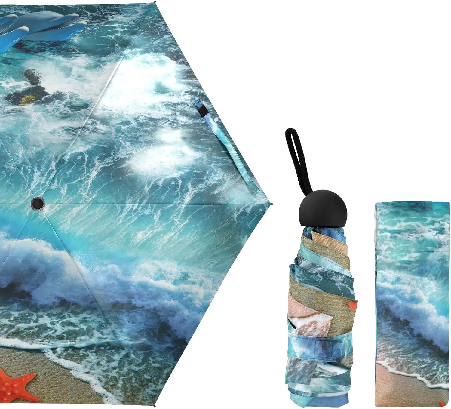 5 Folding Compact Pocket Windproof Umbrella, 6 Ribs Ultra-Light Foldable Vinyl Parasol, Mini Anti-UV Travel Umbrella