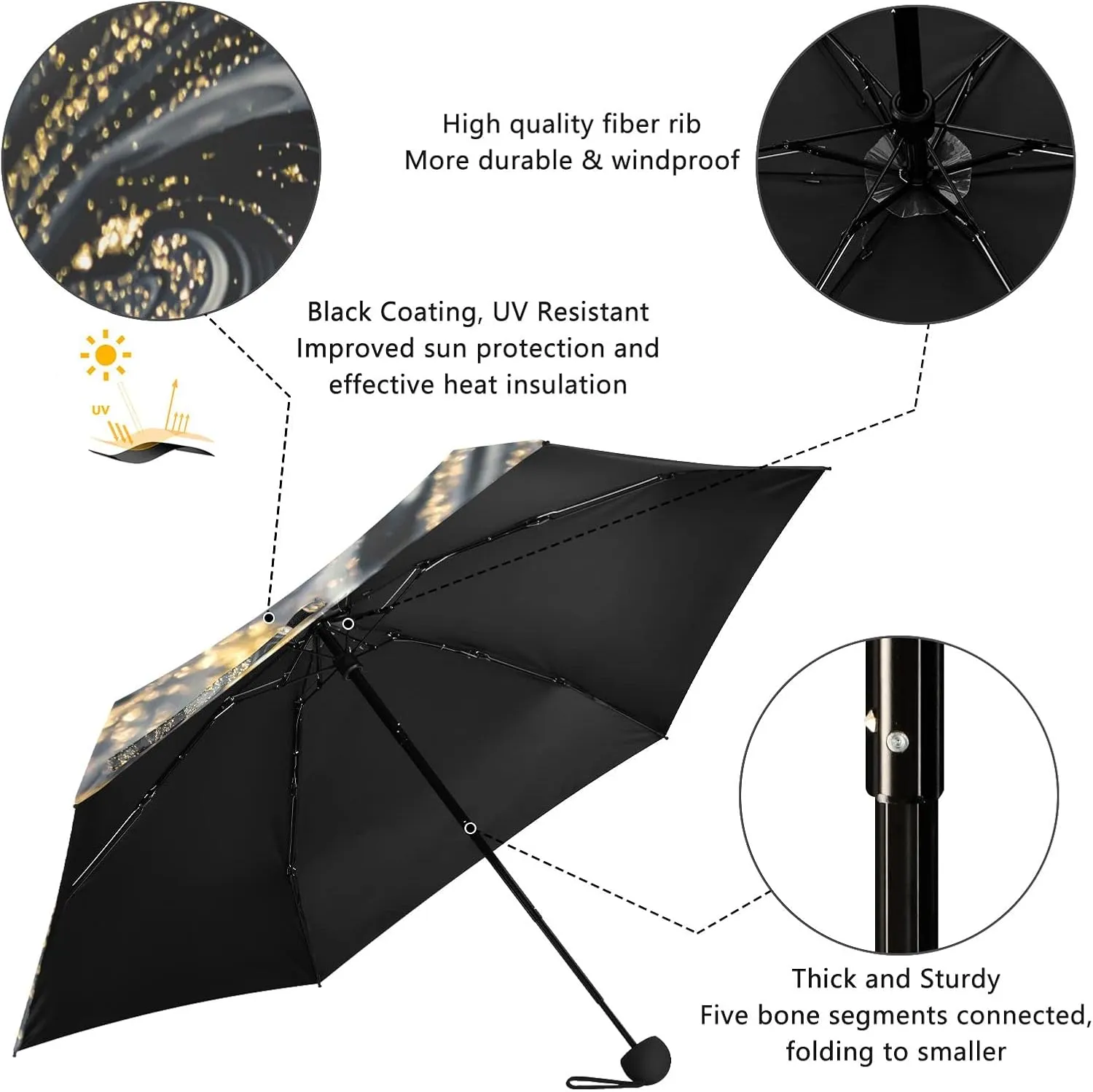 5 Folding Compact Pocket Windproof Umbrella, 6 Ribs Ultra-Light Foldable Vinyl Parasol, Mini Anti-UV Travel Umbrella