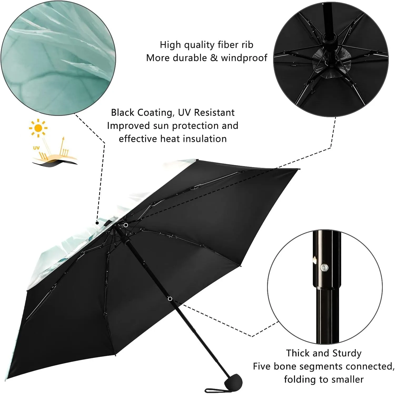 5 Folding Compact Pocket Windproof Umbrella, 6 Ribs Ultra-Light Foldable Vinyl Parasol, Mini Anti-UV Travel Umbrella