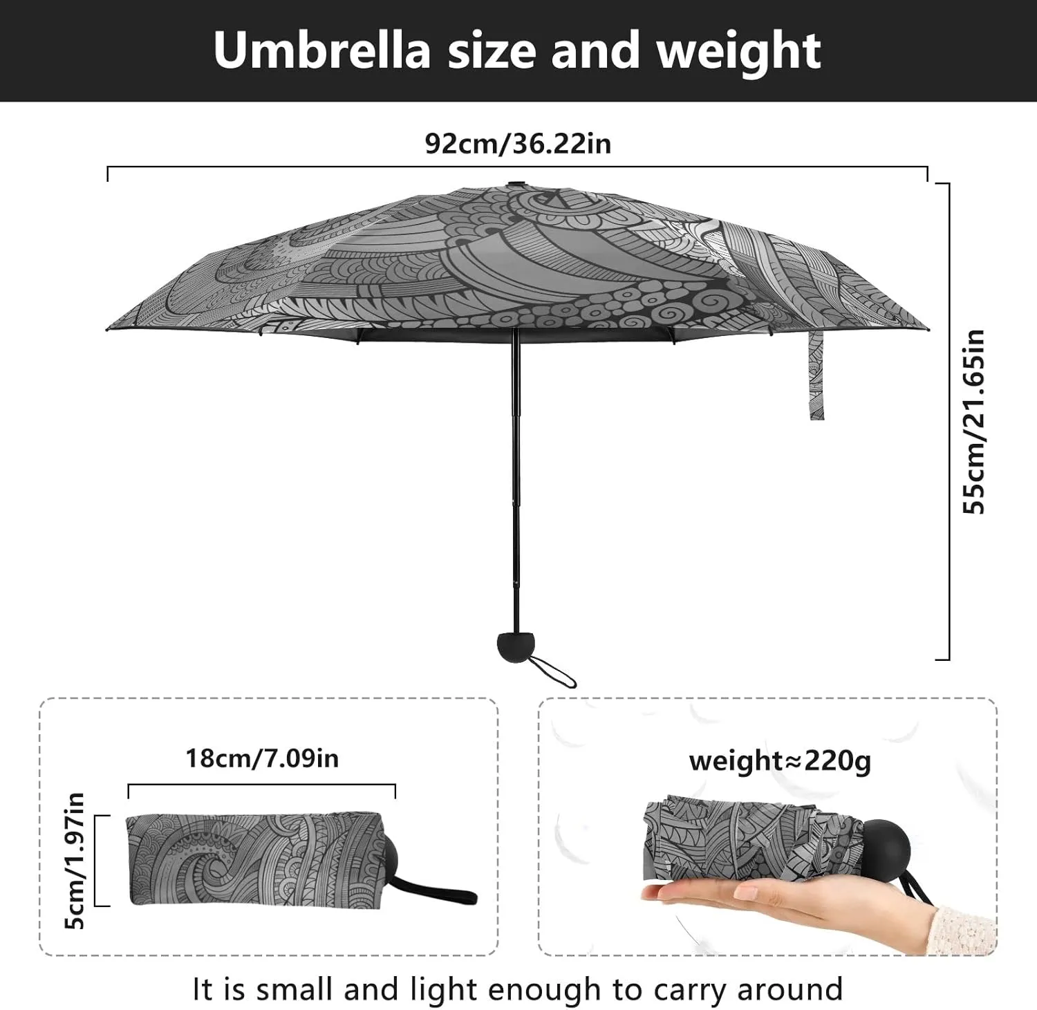 5 Folding Compact Pocket Windproof Umbrella, 6 Ribs Ultra-Light Foldable Vinyl Parasol, Mini Anti-UV Travel Umbrella