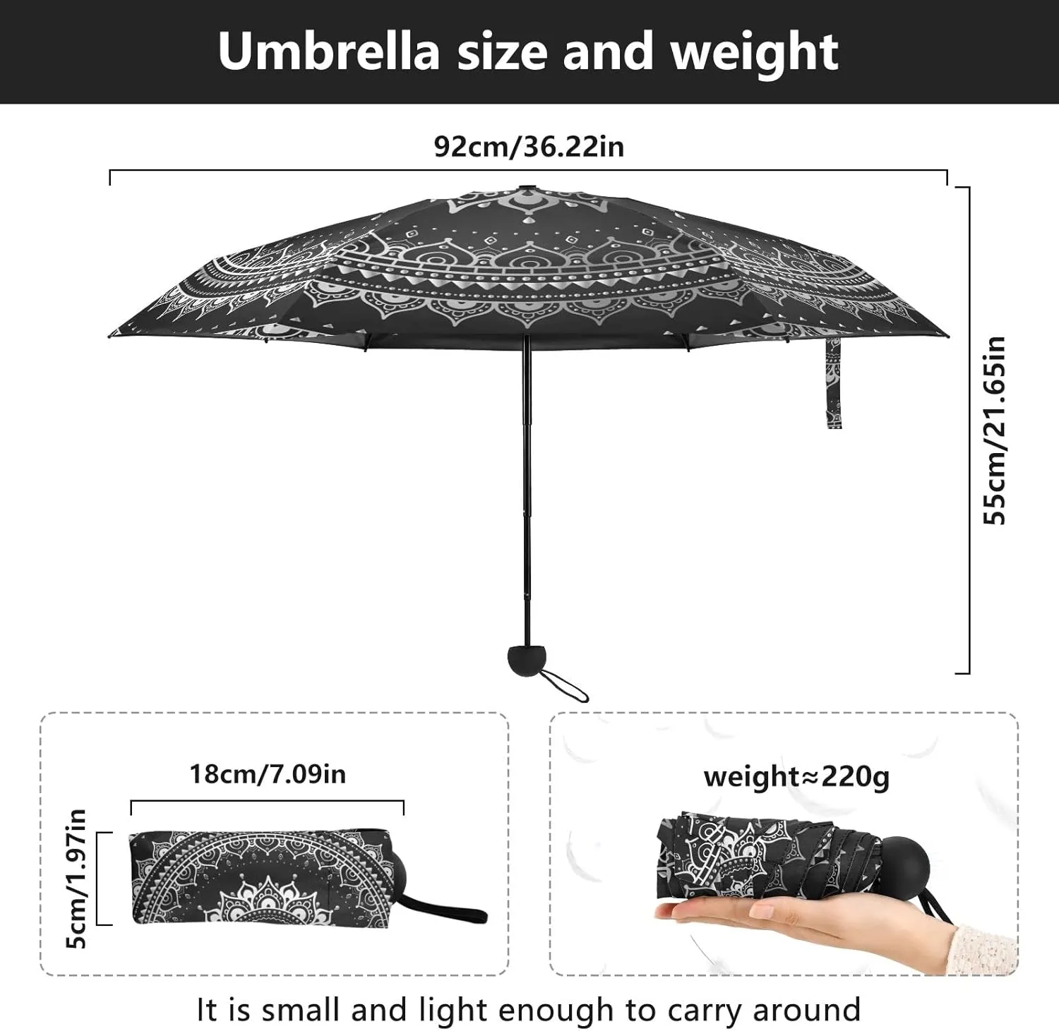 5 Folding Compact Pocket Windproof Umbrella, 6 Ribs Ultra-Light Foldable Vinyl Parasol, Mini Anti-UV Travel Umbrella
