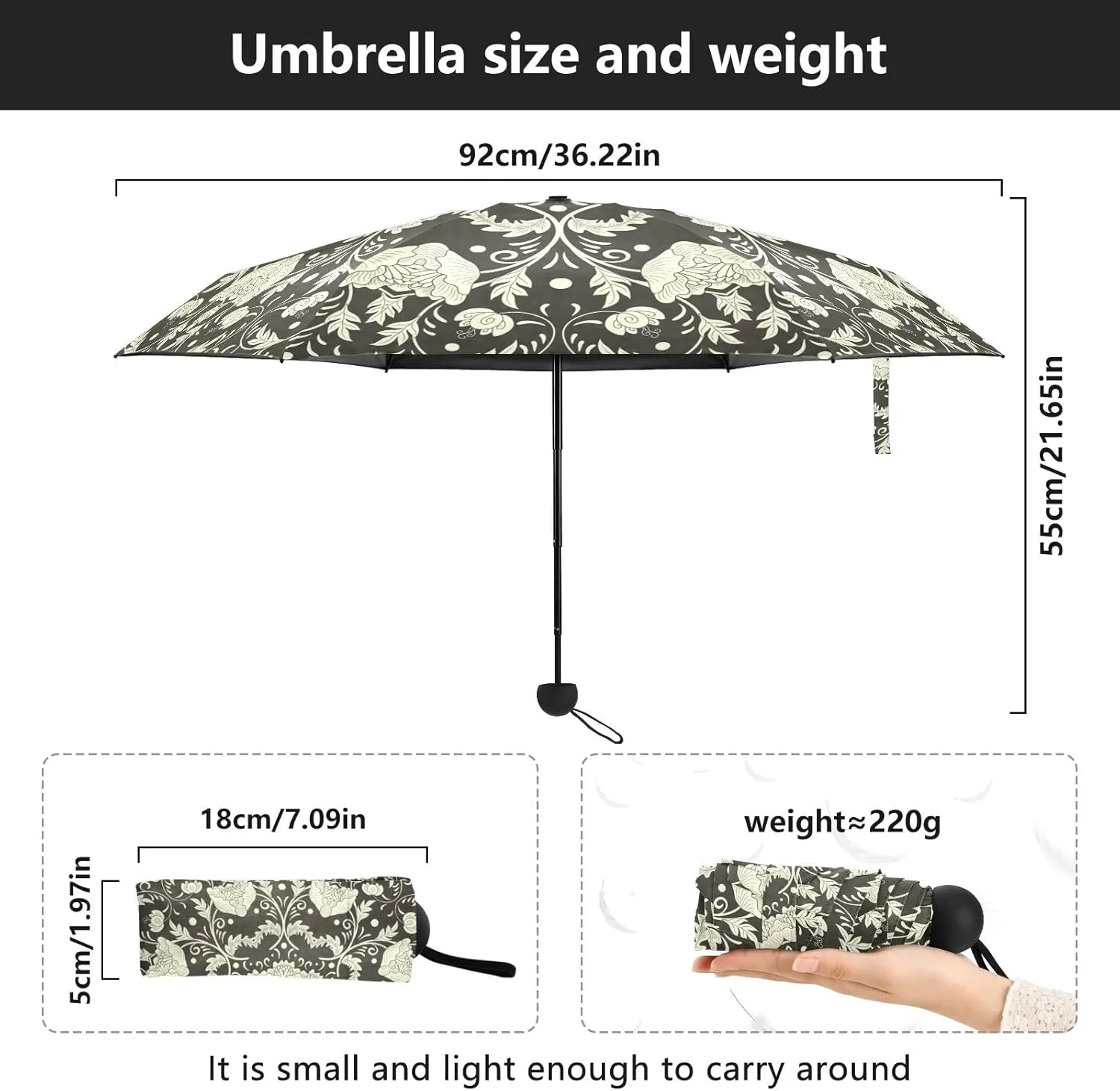 5 Folding Compact Pocket Windproof Umbrella, 6 Ribs Ultra-Light Foldable Vinyl Parasol, Mini Anti-UV Travel Umbrella