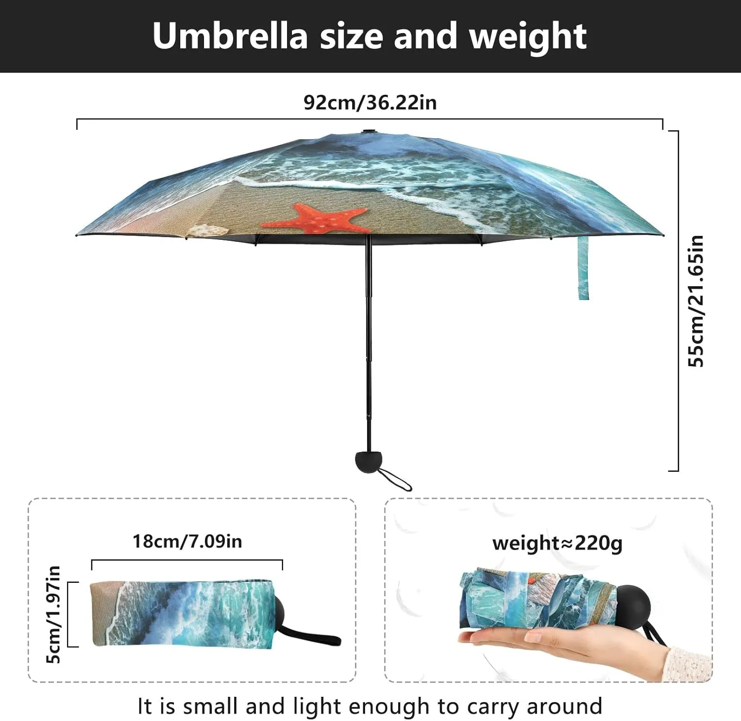 5 Folding Compact Pocket Windproof Umbrella, 6 Ribs Ultra-Light Foldable Vinyl Parasol, Mini Anti-UV Travel Umbrella